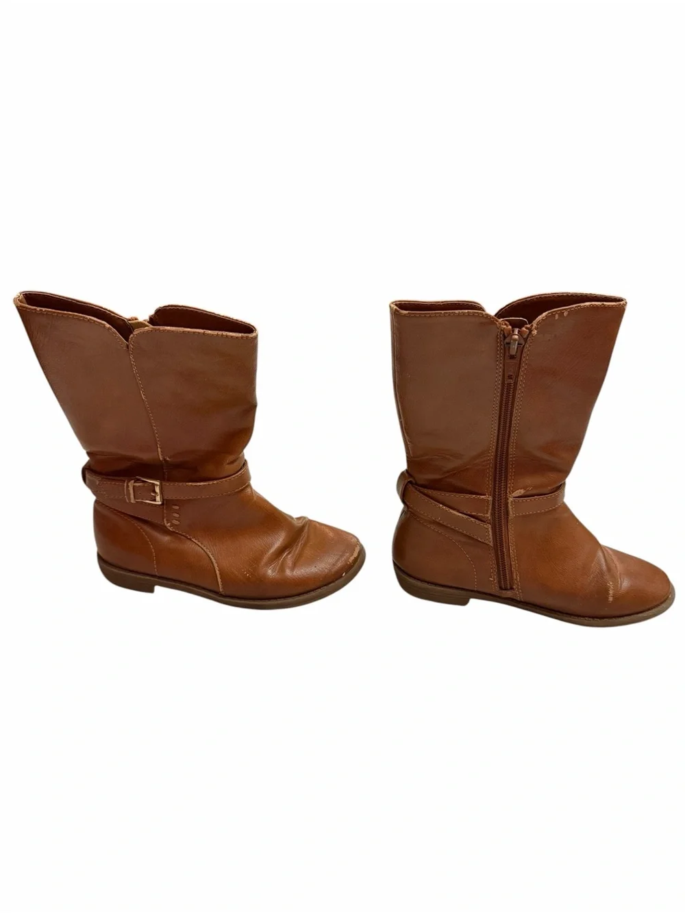 Kids Brown Mid-Calf Leather Boots with Buckle Detail